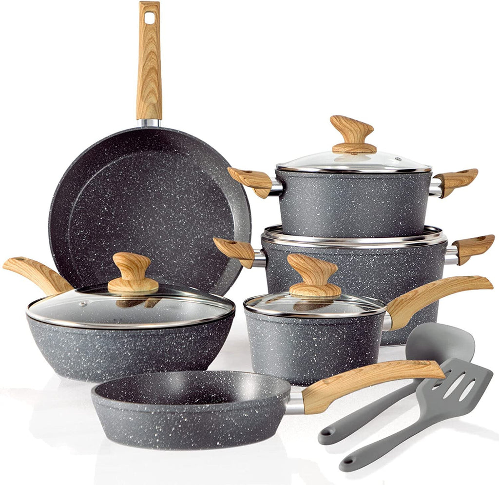 12 Pieces Hammered Cookware Set Nonstick Granite Coated Pots and Pans Set Gray