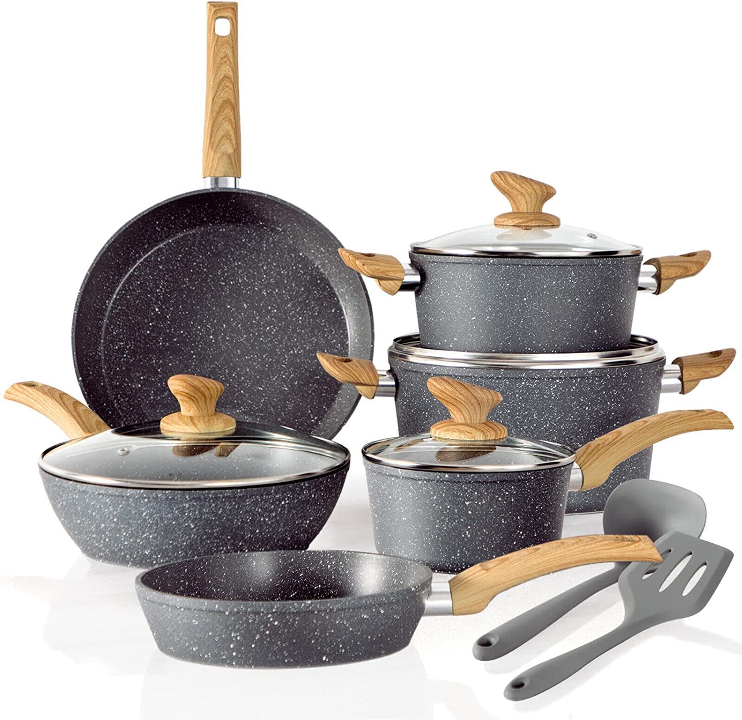 12 Pieces Hammered Cookware Set Nonstick Granite Coated Pots and Pans Set Gray
